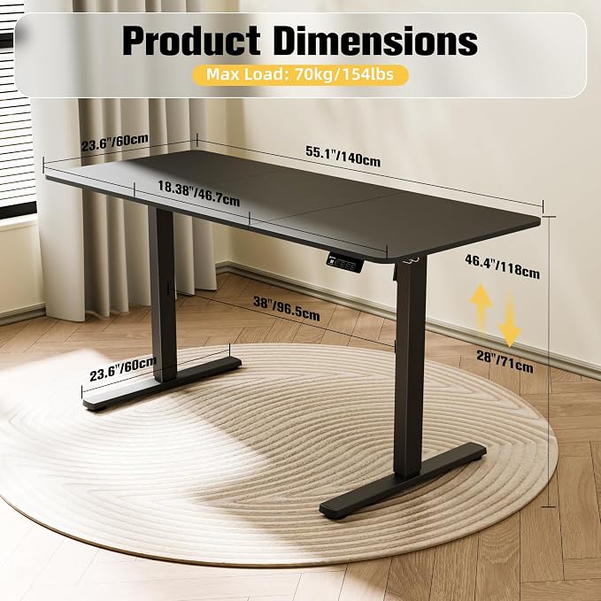 55"x24" Standing Desk, Height Adjustable Sit-Stand Home Office, Black | Electric Adjustable Standing Desk, Sit to Stand Computer Office Desk with Splice Board, Memory Preset, Lifts 28''-46.5" - Image 3