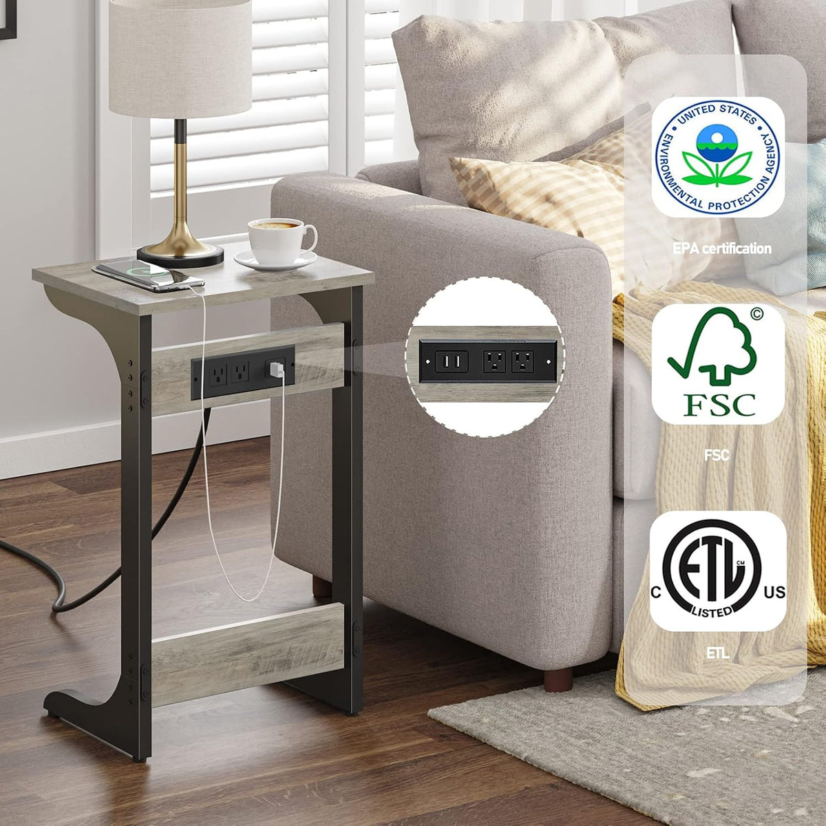 TUTOTAK C Shaped End Table With Charging Station, Set of 2, Couch Tv Tray With 2 USB Ports and Outlets, Sofa Side Table for Small Spaces, Living Room, Bedroom TB01BG0442 - Image 4