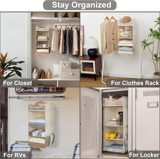 StorageWorks 3-Shelf Hanging Closet Organizer with Half Compartment, Ivory | Add More Storage to Small Closets with 3 Shelves, a Side Pocket and Half Compartment, Ideal for Bedrooms, Dorms and RVs. - Image 5