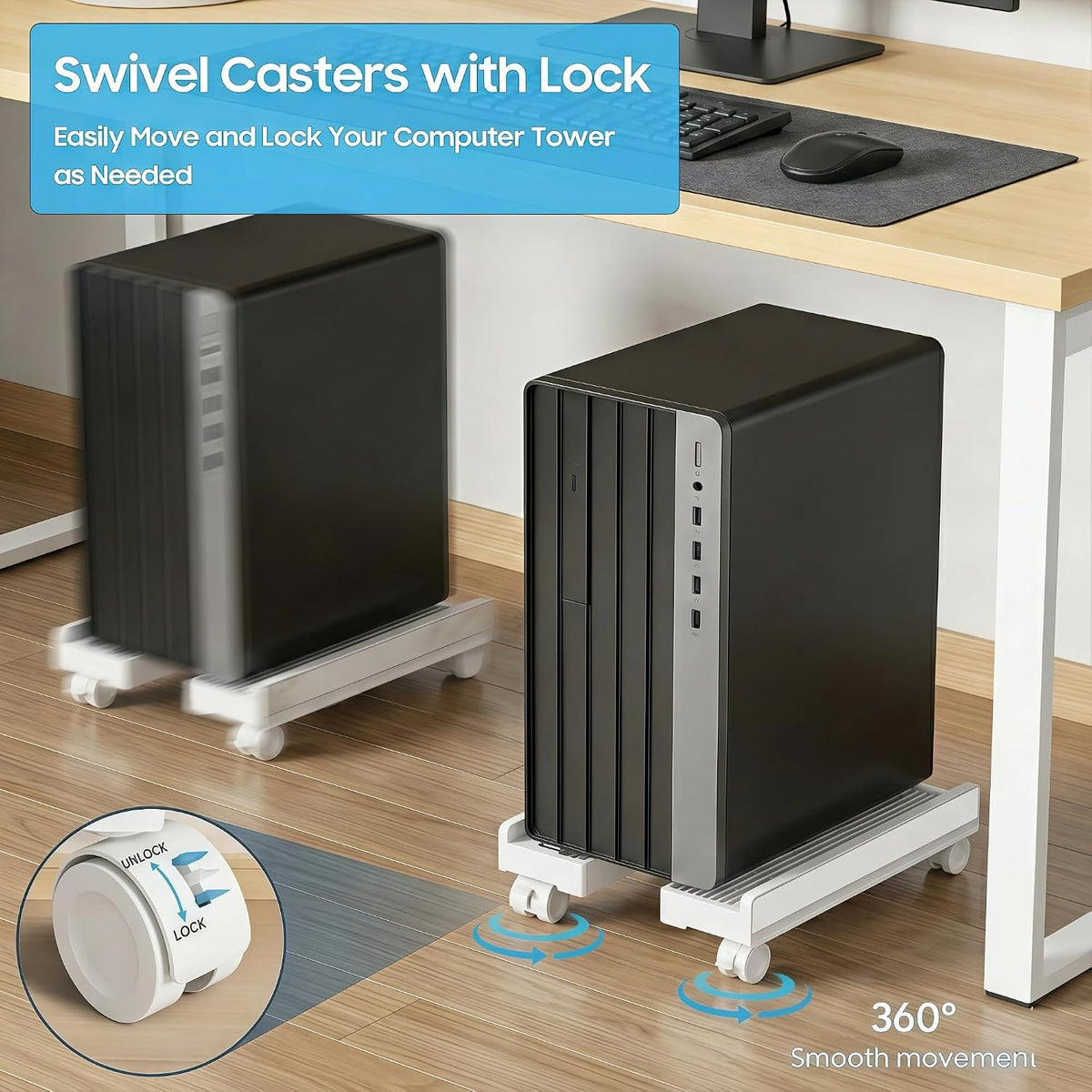 Mobile Computer Tower Stand, 8.66-11.42" Width Adjustable CPU Stand, White - Image 2