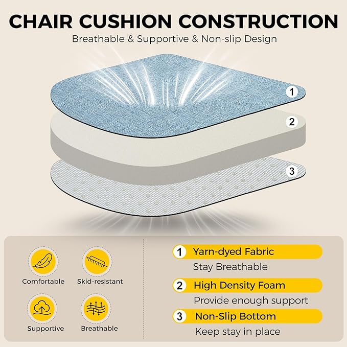 downluxe Indoor Chair Cushions for Dining Chairs, Soft and Comfortable Textured Foam Kitchen Chair Pads with Ties and Non-Slip Backing, 16" x 16" x 2", Light Blue, 2 Pack - Image 3