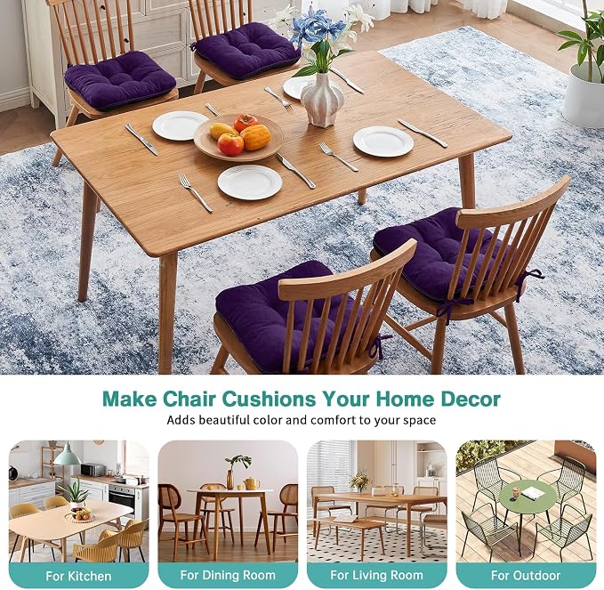 BETU Chair Cushions for Dining Chairs Set of 4,3.5" Thick Kitchen Table Chair Pads with Ties,Non Slip Backing and Covers, Seat Cushion for Dining Room,Bar,Patio Chairs,15.5"X15.5"X3.5",Dark Purple - Image 8