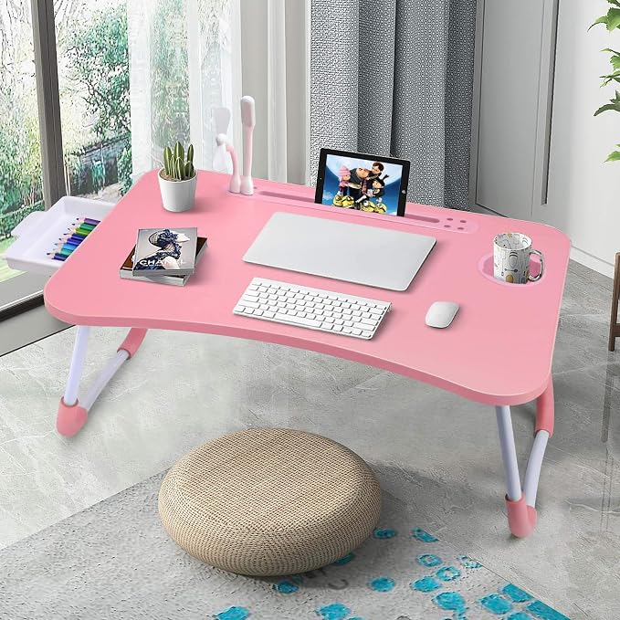 Slendor Bed Desk for Laptop and Writing with Storage, Cup Holder, Light | Fan, Pen Holder,Tablet Holder,Foldable, for Bed, Couch, Floor, Portable,Pink - Image 4