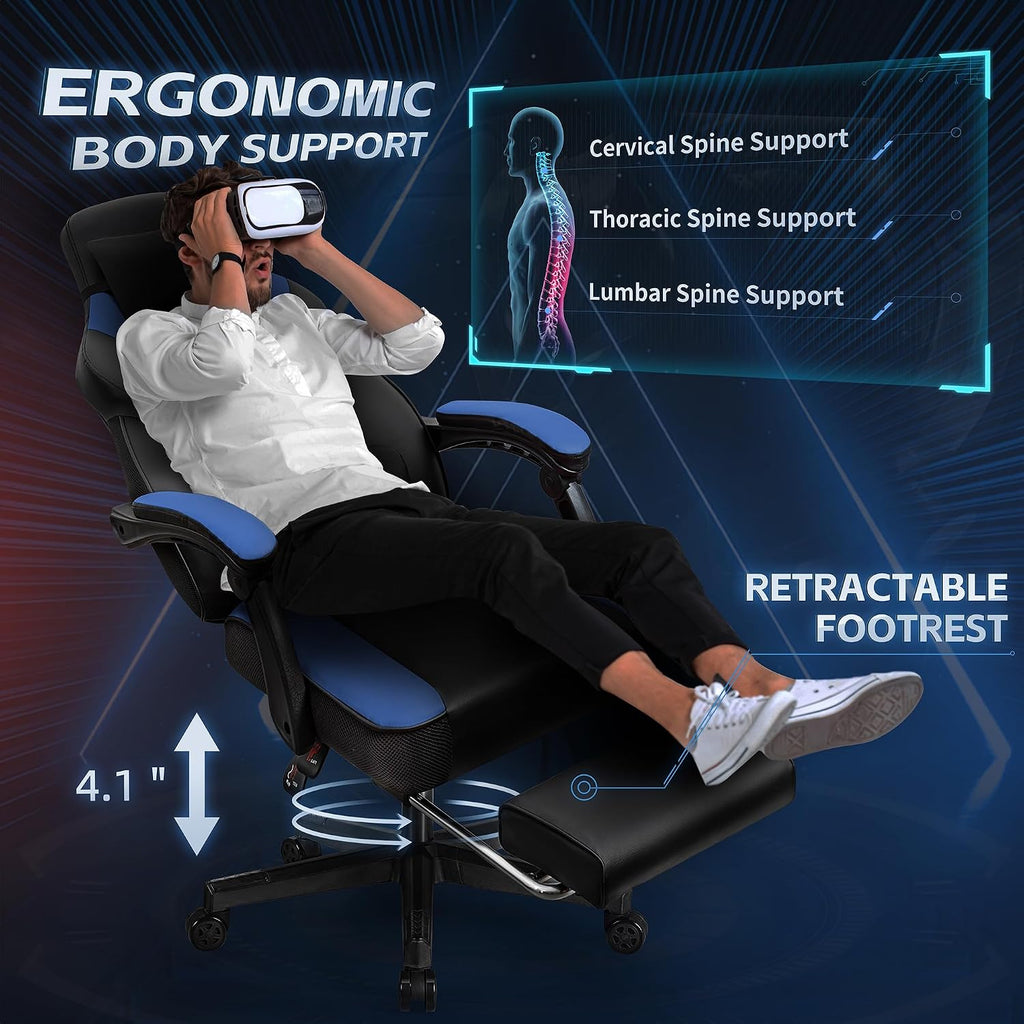 Gaming Chairs for Adults, Computer Chair with Footrest and Ergonomic High Back, Big and Tall Gamer Chairs with Massage Lumbar Support, 360° Swivel Height Adjustable Gaming Chair, Blue - Image 4