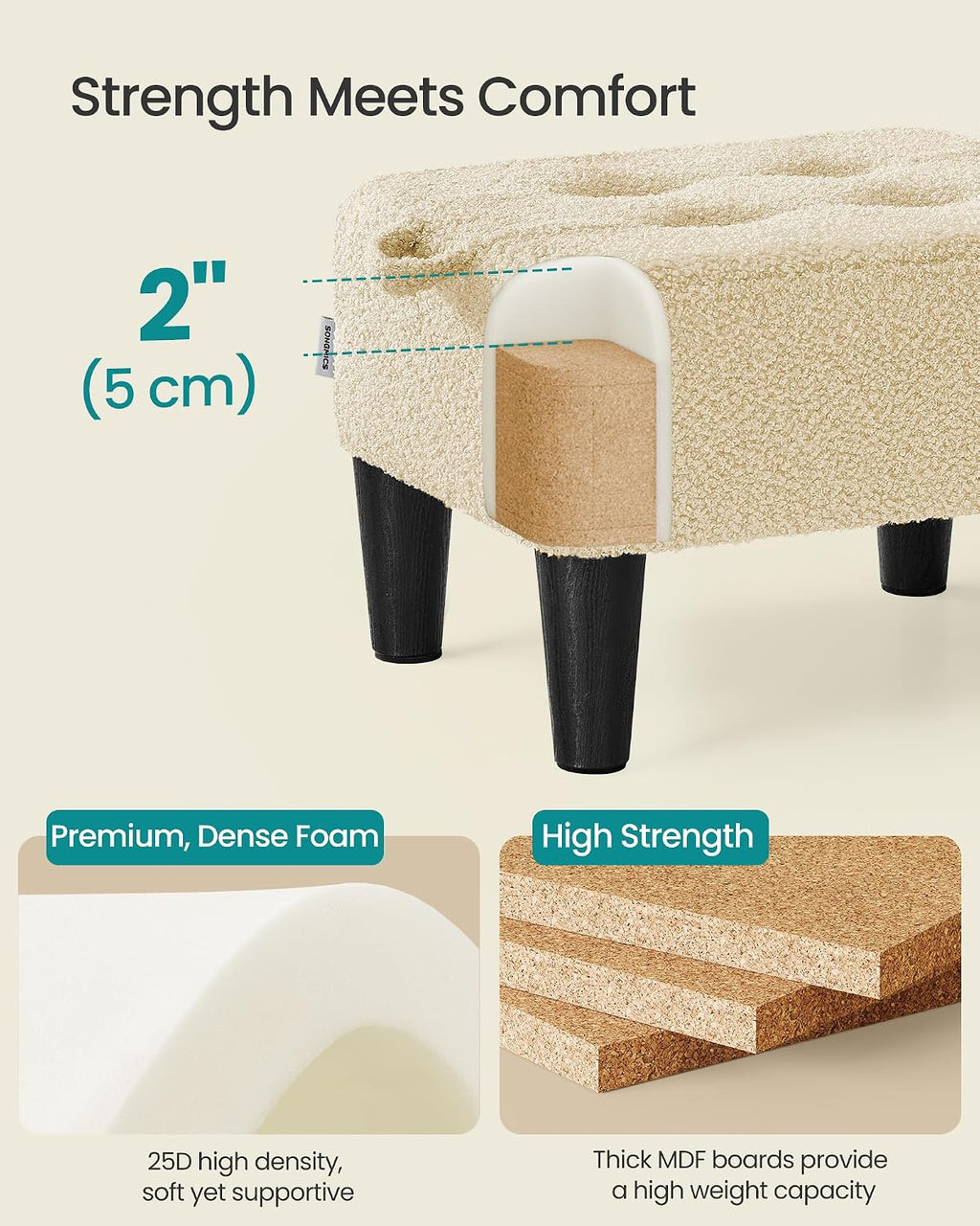 SONGMICS Foot Stool, Small Teddy Fleece Ottoman with Thick Cushion - Image 5