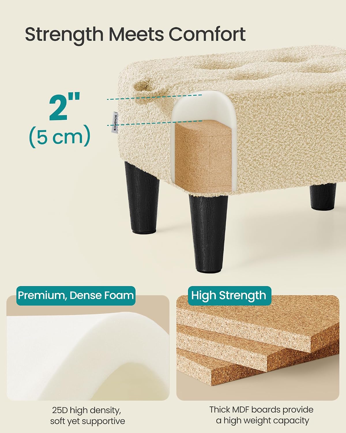 SONGMICS Foot Stool, Small Teddy Fleece Ottoman with Thick Cushion - Image 5