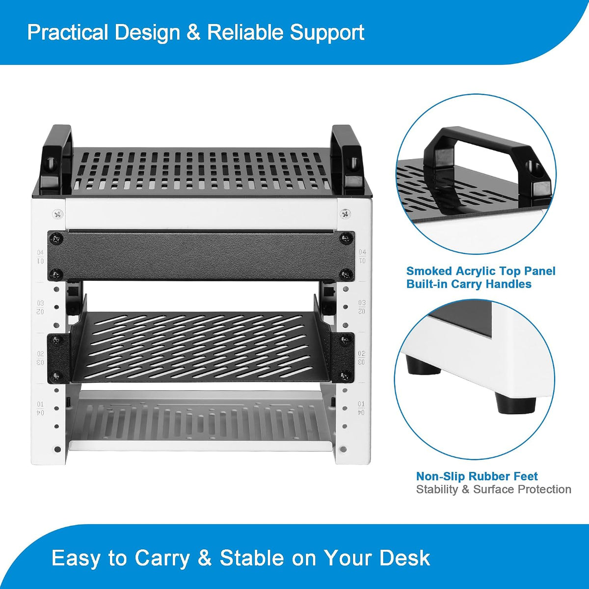 4U 10-Inch Mini Network Rack, White, 7.87" Deep Open Frame Rack with Acrylic Panels and Carry Handles, Includes 1x Vented Shelf and 1x Blank Panel - Image 4