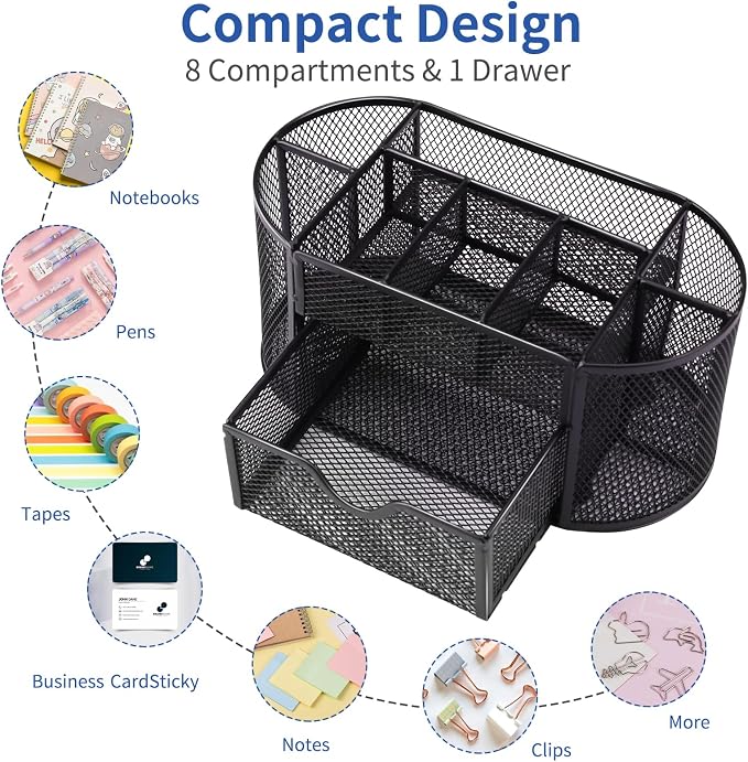 EOOUT Desk Organizer Black Mesh Pencil Holder 8 Compartments 1 Drawer | Black Desk Accessories, 8 Compartments, Pull-Out Drawer, for Pens Pencils Scissors Notes, School and Office Supplies - Image 3