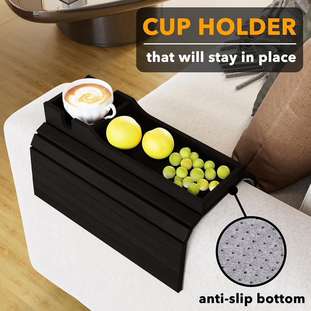 SpaceAid Bamboo Couch Cup Holder, Anti Falling Foldable Sofa Armrest Tray with Cup Holder, Couch Arm Side Table Organizer for Drink Cup Remote Snacks (Black) - Image 2