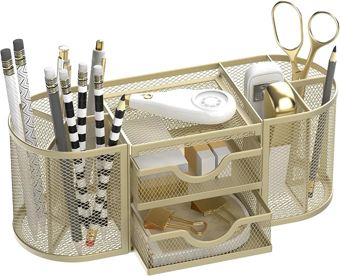 Mesh Desk Organizer, Pen Holder for Desk with 2 Drawers, Yellow | Desk Organizers and Accessories with 8 Compartments and 2 Drawers, Pencil Holder for Desk for Small Office Supplies by SUPEASY