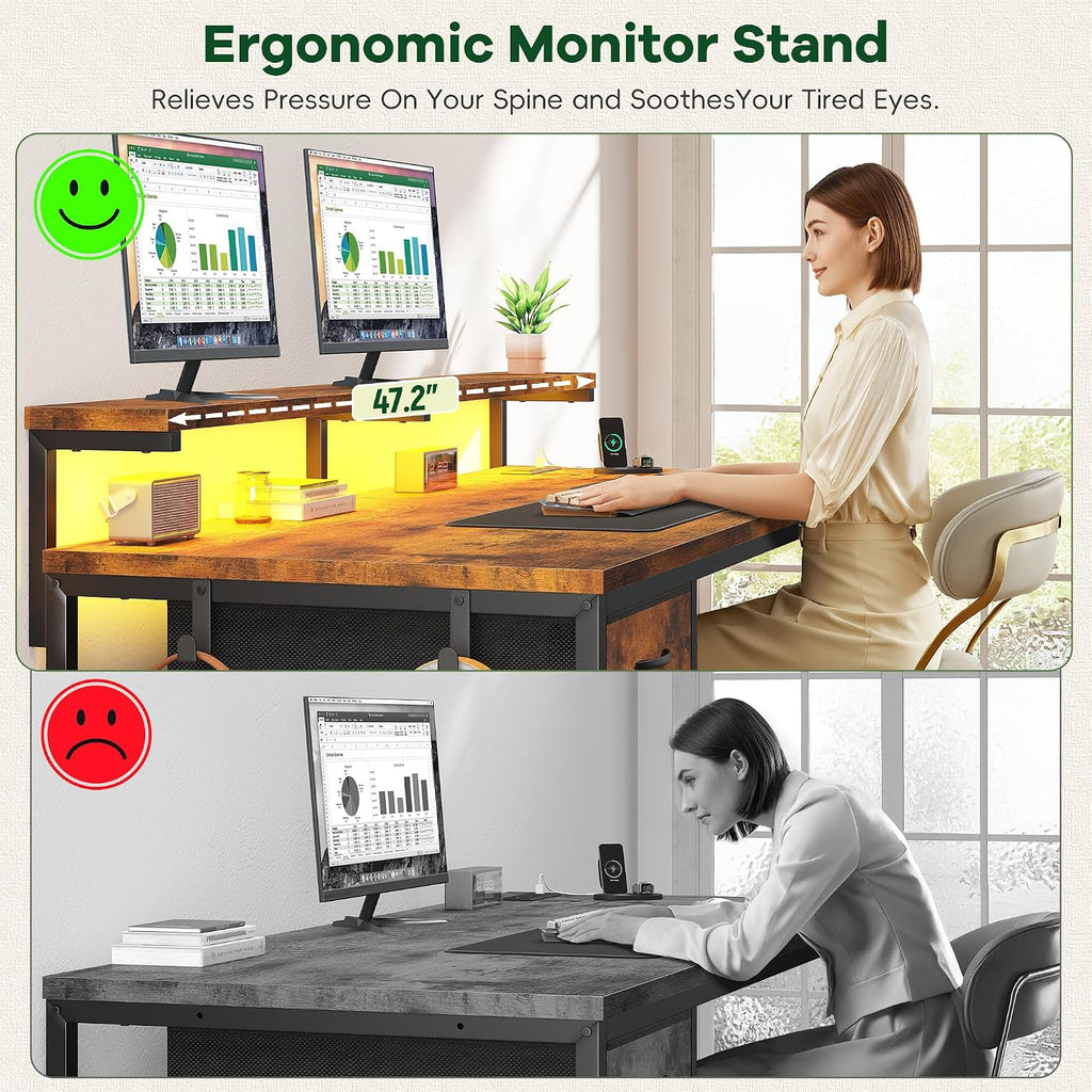 47.2" Office Desk with Power Outlet & Monitor Stand,Rustic Brown - Image 5