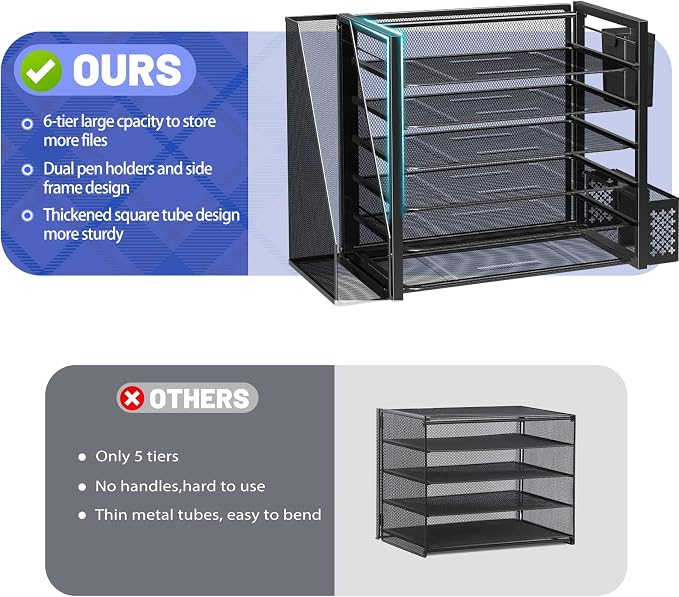 Simple Trending 6 Tier Metal Desk File Organizer with 2 Pen Holders, Black | 18"L x 9"W x 13"H, 6 Trays + Side file holder + 2 pen holders, sturdy metal frame, non-slip base, easy assembly, 24h support. - Image 4