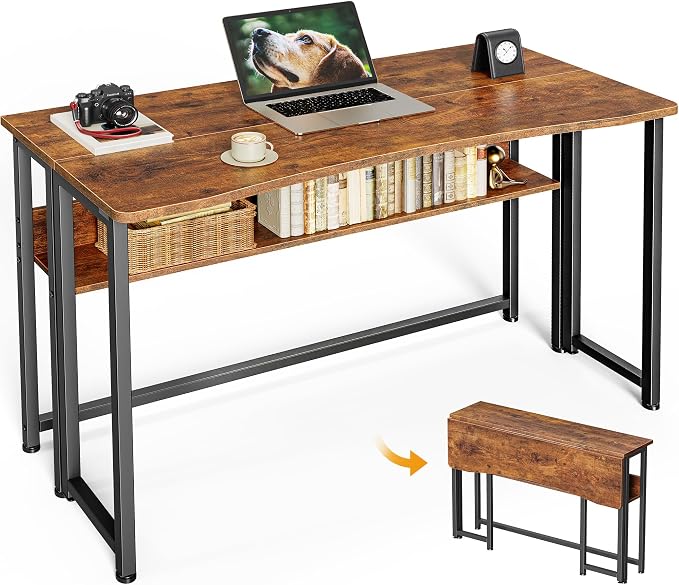 Huuger Folding Desk with Storage Shelf, 39.3 Inch Foldable Computer Table | Writing Work Office Computer Desk for Small Spaces, Space Saving Sofa Table for Couch, Easy to Fold, Rustic Brown by Huuger