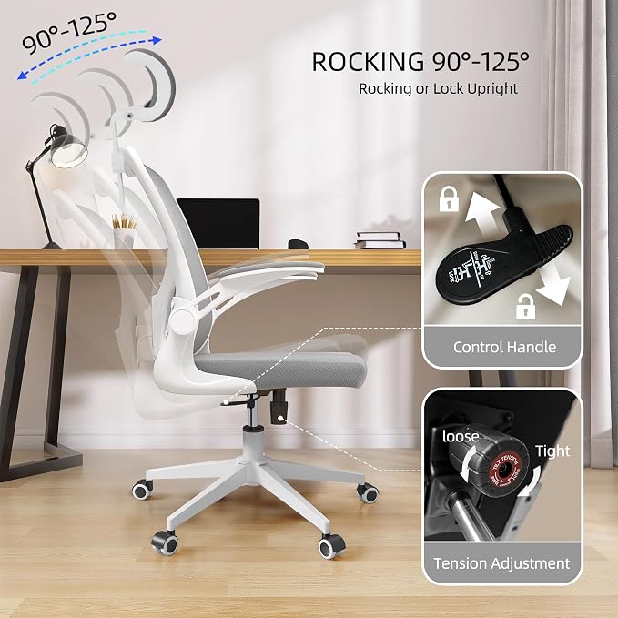 Monhey Office Chairs, Ergonomic Office Chair, Computer Chair with Adjustable Headrest, Lumbar Support, 2D Armrest, Metal Base and Iron Legs, White Frame Grey Mesh Office Chair - Image 3