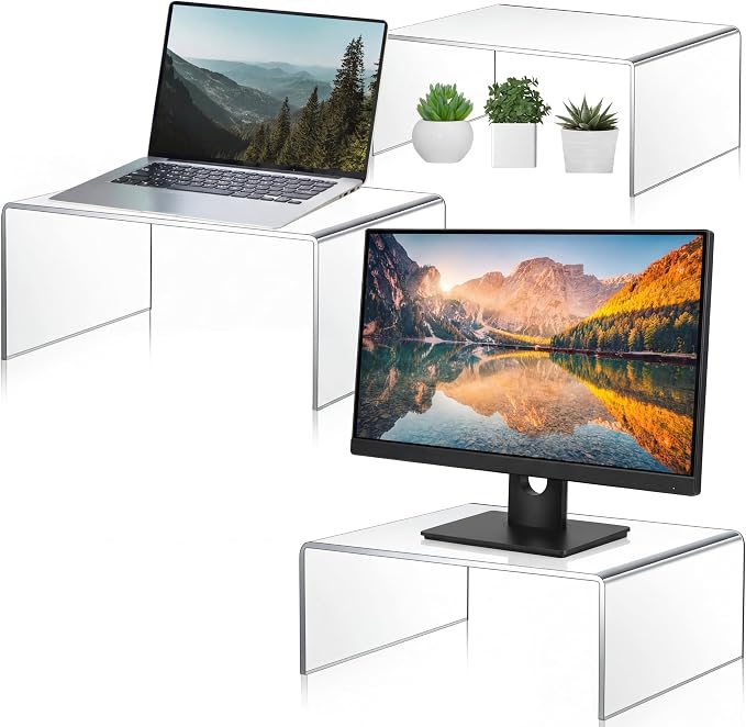 RattanView 3 Pcs Extra Large 16, 15, 14 Inch Acrylic Display Risers Clear Acrylic Shelf Riser Display Stands 8 mm 5 mm Thick Rectangular for Monitors Large Scale Figurines Trophy Commercial Use by RattanView