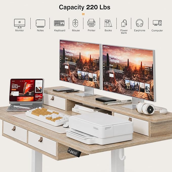 Grandder Electric Standing Desk with Four Drawers, Sit to Stand Up Height Adjustable Desk with Storage Shelf for Home Office, 47 * 28 Inch, Study, Ergonomic Adjustable Computer Desk, Maple - Image 4