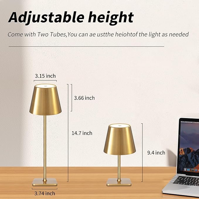 Mr. White Outdoor Waterproof Cordless Set of 2 Rechargeable Portable Top Touch Battery Operated Powered LED Table Lamp Desk Lamp Lights for Restaurant Kitchen Patio Dinner Dining (Gold 2 Pack) - Image 5