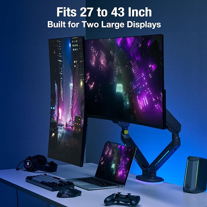 AVLT RGB Gaming Dual Monitor Arm Desk Mount for 27-43" Screens - Black | Built-in 20 Lighting Modes Touch Button Control Fits Flat/Curved/Ultrawide Screen Height Swivel Tilt Rotation Adjustable - Image 2