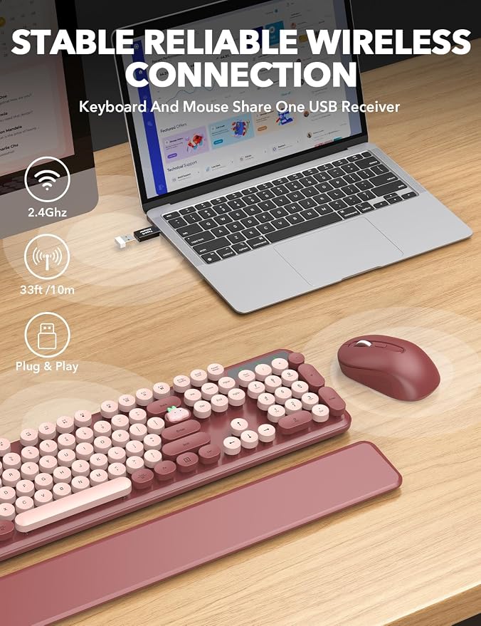 Wireless Keyboard and Mouse Combo, Cute Typewriter, Magnetic Wrist Rest | Full-Size, Round Keycaps, Smart Sleep Mode, 2.4GHz Stable Connection for Mac/Windows/PC, Office or Home, Trueque CK24 - Image 4