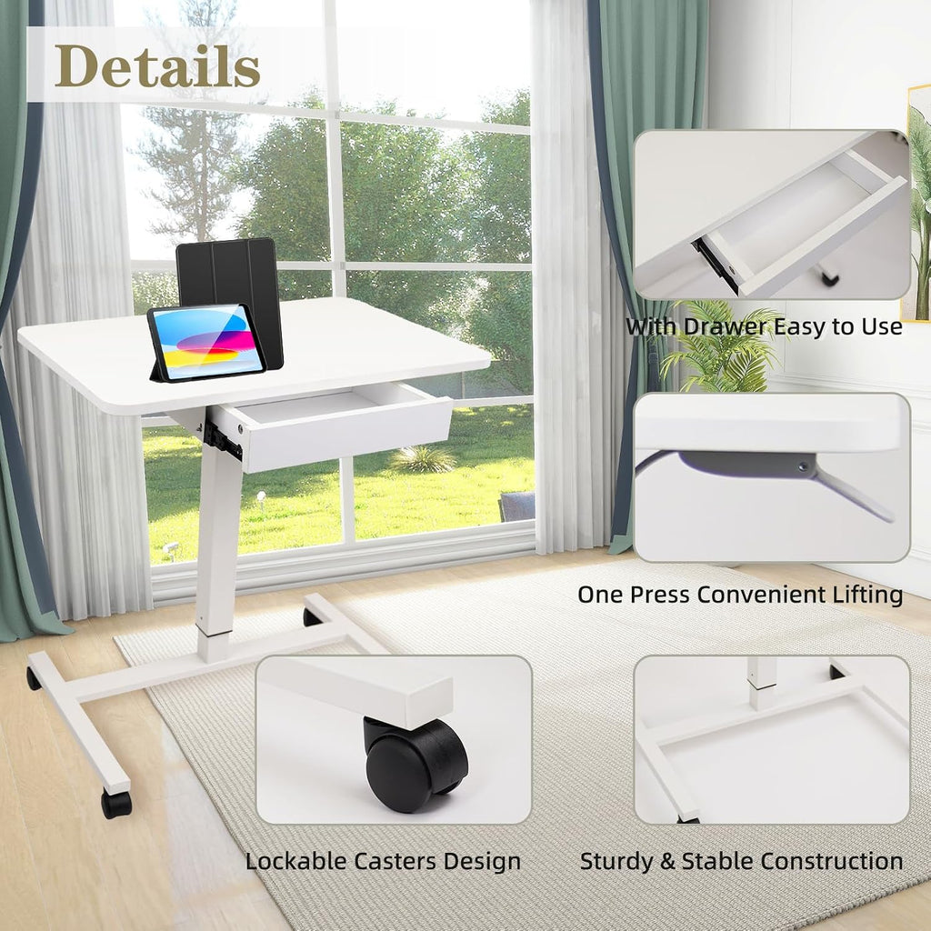 CLATINA Mobile Laptop Standing Desk, Height Adjustable Teacher Podium with Lockable Wheels, Adjustable Work Table with Drawer, Computer Cart Overbed Table for Home Office Classroom, White - Image 5