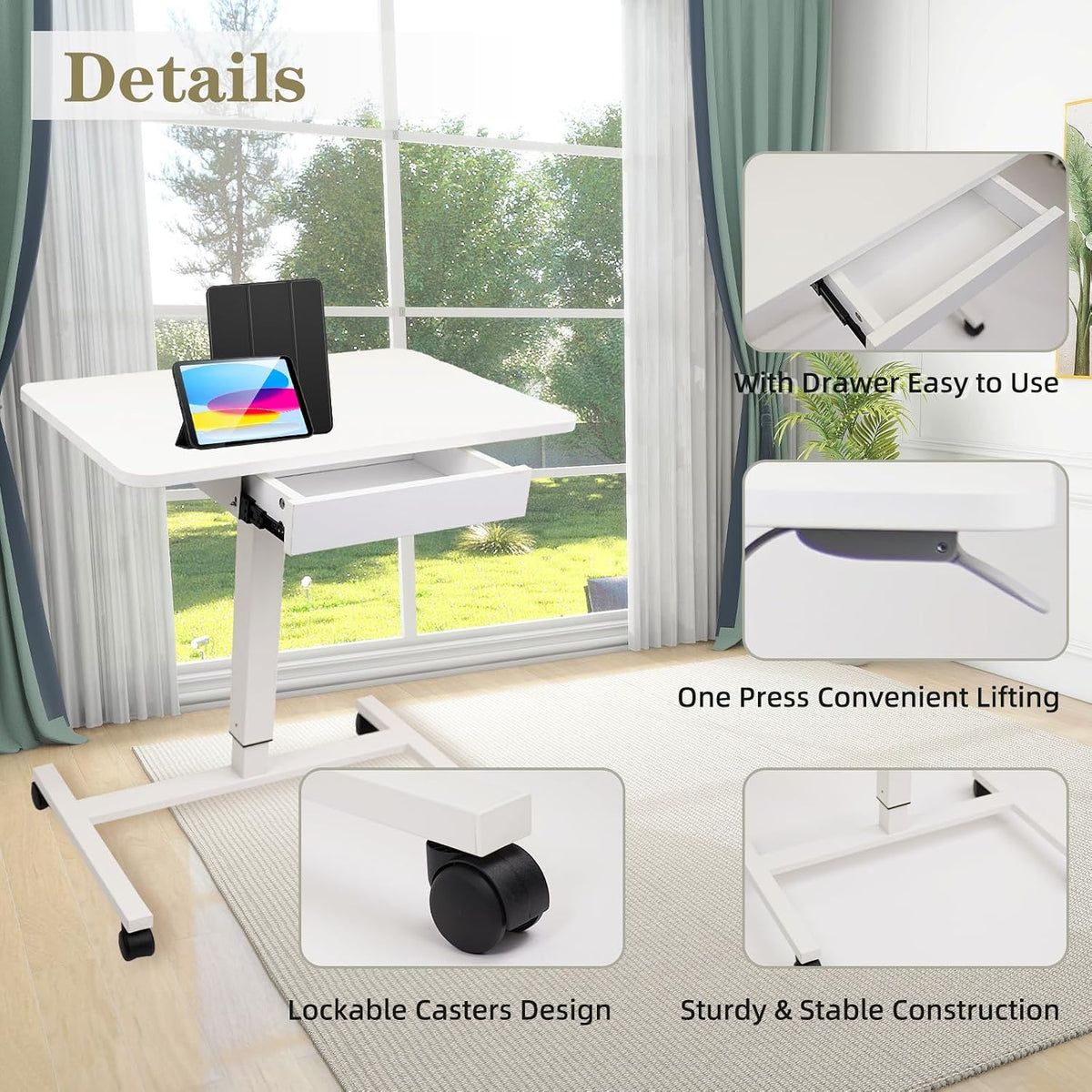 CLATINA Mobile Laptop Standing Desk, Height Adjustable Teacher Podium with Lockable Wheels, Adjustable Work Table with Drawer, Computer Cart Overbed Table for Home Office Classroom, White - Image 5