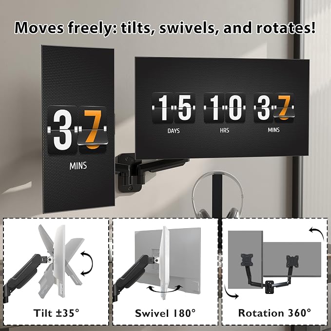 BONTEC Dual Monitor Wall Mount for 13-32 Inch Screens, VESA 75x75/100x100mm | Height Adjustable Gas Spring Arm with Tilt, Swivel & Rotate, Hold Up to 19.8 lbs, Fully Adjustable, Office & Home Use - Image 3