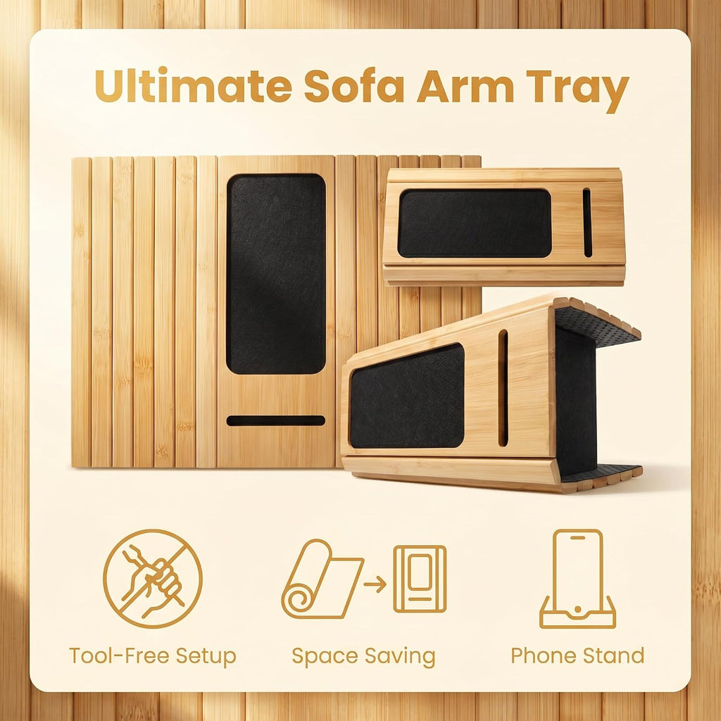 Foldable Sofa Couch Armrest Tray Wooden Anti-Slip with Phone Holder - Image 4