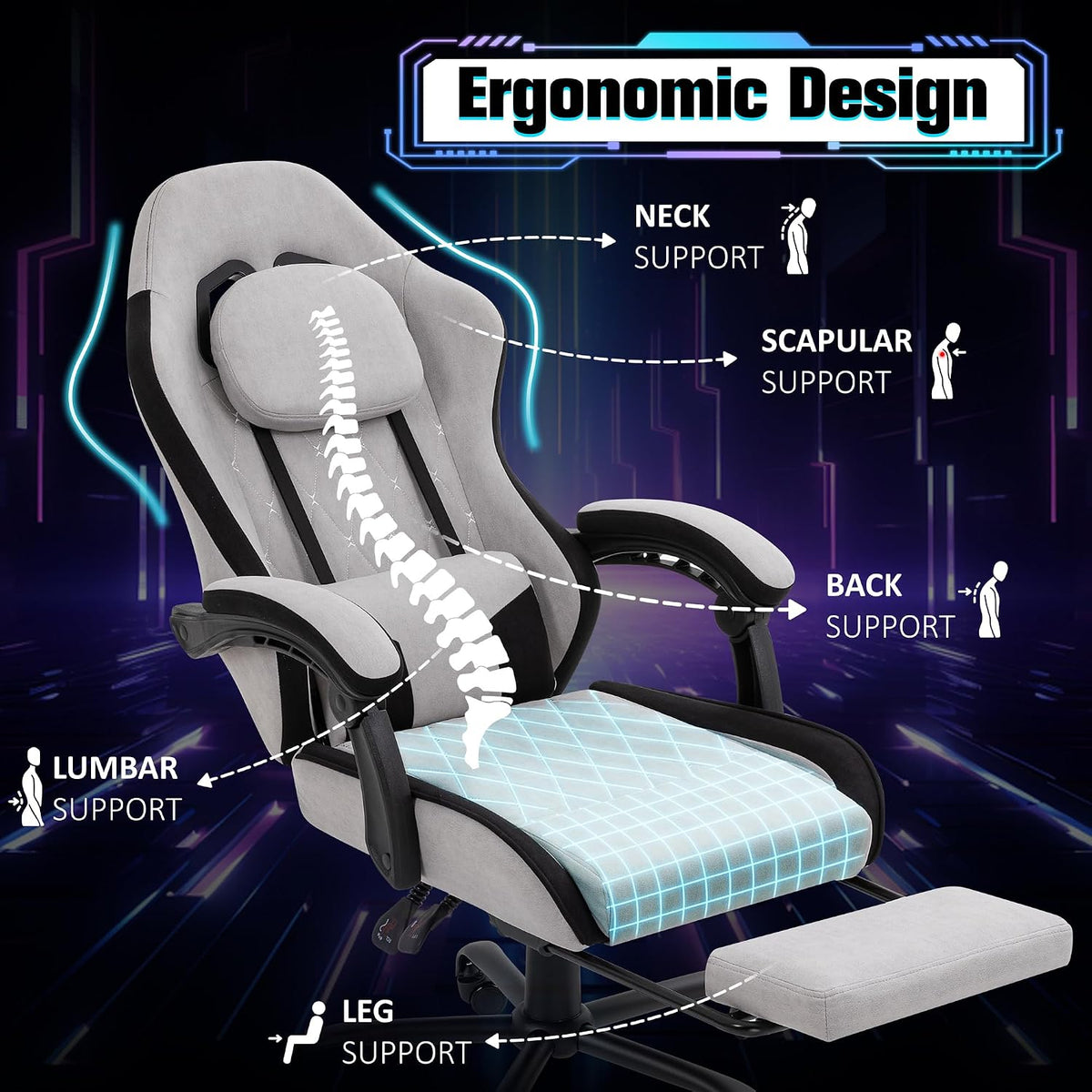 Gaming Chair with Footrest, Ergonomic Fabric Desk Chair, Grey - Image 7