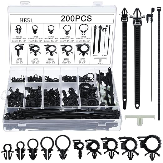 Funnymoom 200 Pcs Wire Loom Routing Clips, 15 Sizes Push Mount for Car | Cable Zip Ties Included, Universal Harness Clip Replacements, Push-in for Easy Install, Fits Automotive Wire Management by Funnymoom