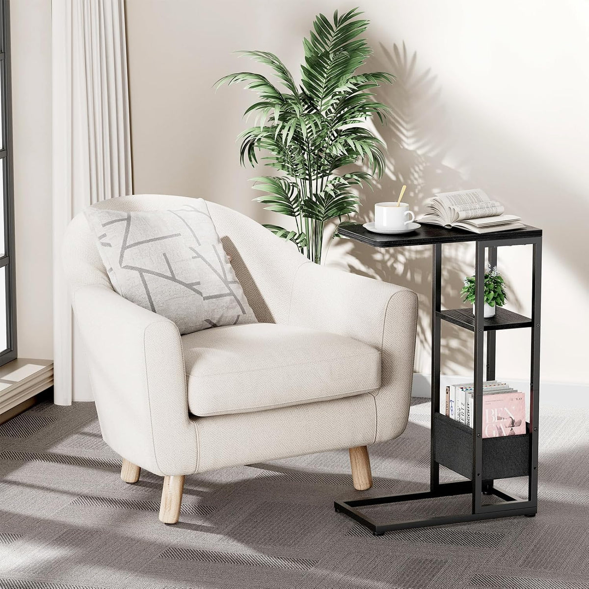 C Shaped End Table, Small Side Table for Couch, Recliner, Slide Under Sofa Tray Desk Snack Tables with Storage Bag for Living Room,Bedroom, Small Spaces - Black - Image 2