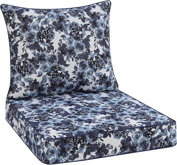 Favoyard Outdoor Deep Seat Patio Cushions Set, 22" x 22", Rainproof, Garden | Fade Resistant, Removable Bottom & Back Cushion, Tie Straps for Patio Furniture, Rocking Chair, Sofa Couch, Blue Floral by OutdoorFurnitureAccessories