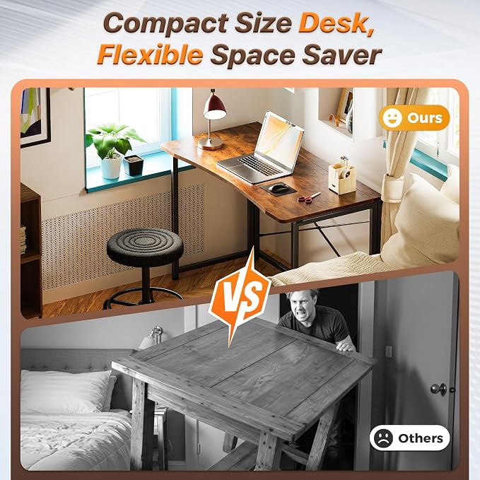 Huuger Folding Desk for Small Spaces, 39.4 Inch Foldable Computer Table | Easy Assembly, Small Writing Work Office Computer Desk, for Home Office, Study, Bedroom, Dorm, Space Saving, Rustic Brown - Image 3