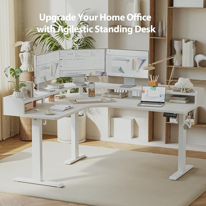 Agilestic L Shaped Standing Desk with Monitor Shelf, 63 Inch, White | Electric Height Adjustable, Dual Monitor Setup, Spacious Corner Desktop, Sturdy Steel Frame, Memory Presets, 264 lbs - Image 3