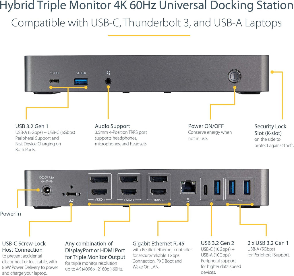 StarTech USB-C/A Triple 4K 60Hz HDMI DP Dock for MacBook Pro/Air M1-M4, 85W - Image 3