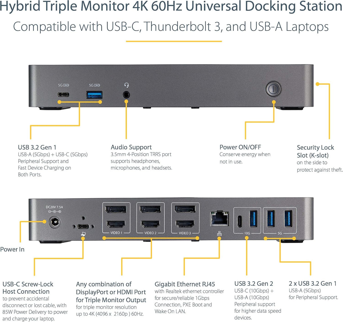 StarTech USB-C/A Triple 4K 60Hz HDMI DP Dock for MacBook Pro/Air M1-M4, 85W - Image 3
