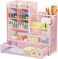 Marbrasse Mesh Desk Organizer with Drawer, Multi-Functional Pencil Organizer, 12 Compartments, Pink, Modern, Minimalist by Marbrasse