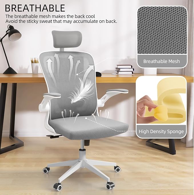 Monhey Office Chairs, Ergonomic Office Chair, Computer Chair with Adjustable Headrest, Lumbar Support, 2D Armrest, Metal Base and Iron Legs, White Frame Grey Mesh Office Chair - Image 6