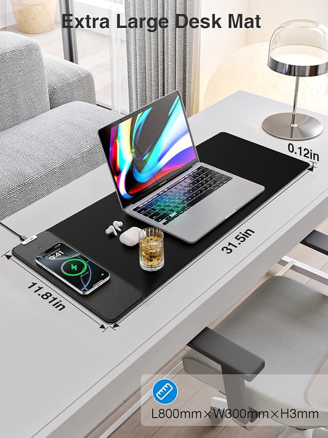 Wireless Charging Mouse Pad, 31.5"x11.8" Large Desk Mat, Smooth Glide | Waterproof Mousepad, Stitched Edge, Non-Slip Rubber Base, Desk Pad Computer Keyboard Mat, No Adapter - Image 2