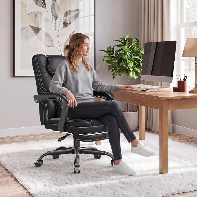 Ergonomic Office Chair with Footrest, Reclining Executive Computer Chair | 90°-155°Locking Tilt, 300lb Desk Gaming Chair with Lumbar Support, Comfy Leather PC Chair, 360° Rolling Swivel & Height Black - Image 2