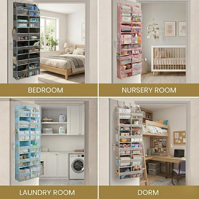 HOMELUX THEORY Over the Door Organizer, 6-Tier XL, 100D Fabric, Transparent | Extra wide over the door organizer, 65 lb capacity, 12 side mesh pockets, heavy-duty 100D fabric, bedroom & nursery storage - Image 6