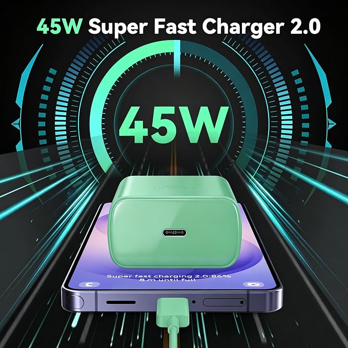 45W Super Fast Charger USB C Android Phone Type C Charger Fast Charging Block with 6.6FT Cord for Samsung Galaxy S26/S26 Ultra/S26+/S25 Ultra/S25/S24 Ultra/S24/S23 Ultra/S22/S21/S20/Note 10, Green - Image 6