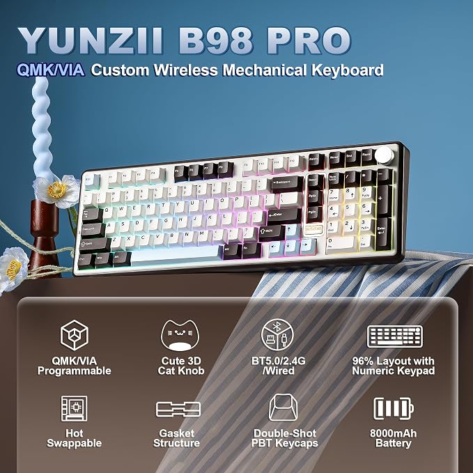 YUNZII B98 PRO 96% Wireless Mechanical Keyboard(Coffee Brown, Milk Switch) | QMK/VIA, with Numpad, Dual-Style Knob Design, Creamy Pre-Lubed Switches, Hot Swap, Gasket Mount, RGB for Gaming/Win/Mac - Image 2