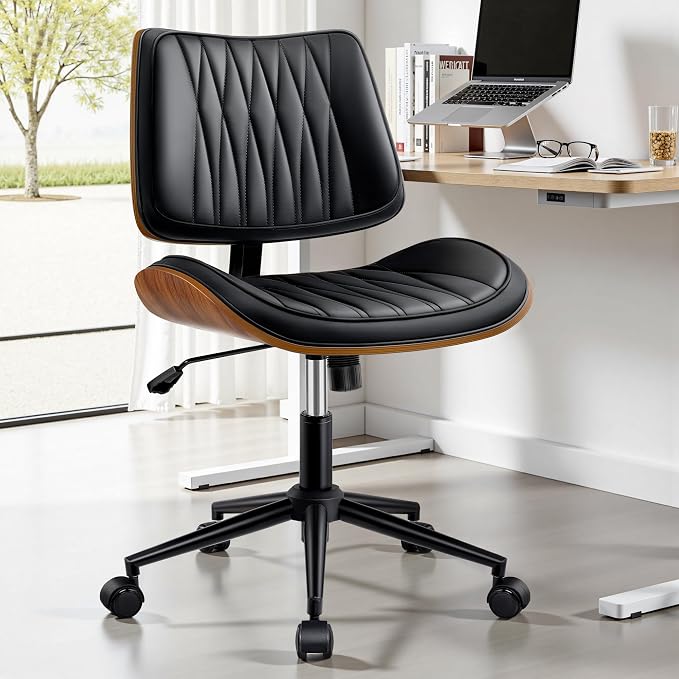 Ergonomic Armless Office Desk Chair - Mid-Century Modern Black Faux Leather with Diamond Stitch, Adjustable Height Swivel Rolling Task Computer Chair with Walnut Accent for Home Office, Study & Work - Image 9