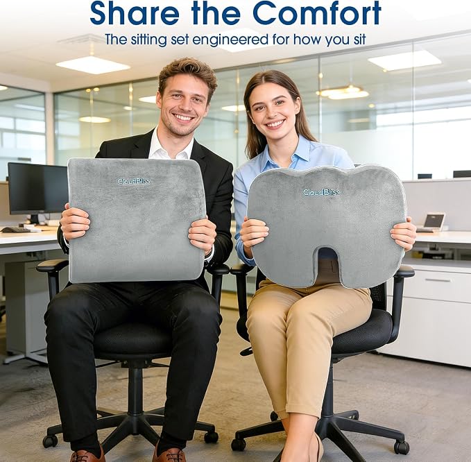 CloudBliss Ergonomic Seat Cushion & Lumbar Support Pillow Set, Light Grey | Back Pain & Sciatica Relief, Memory Foam Support, Adjustable Straps, Machine Washable Velvet, Perfect for Office, Car, Gaming - Image 9
