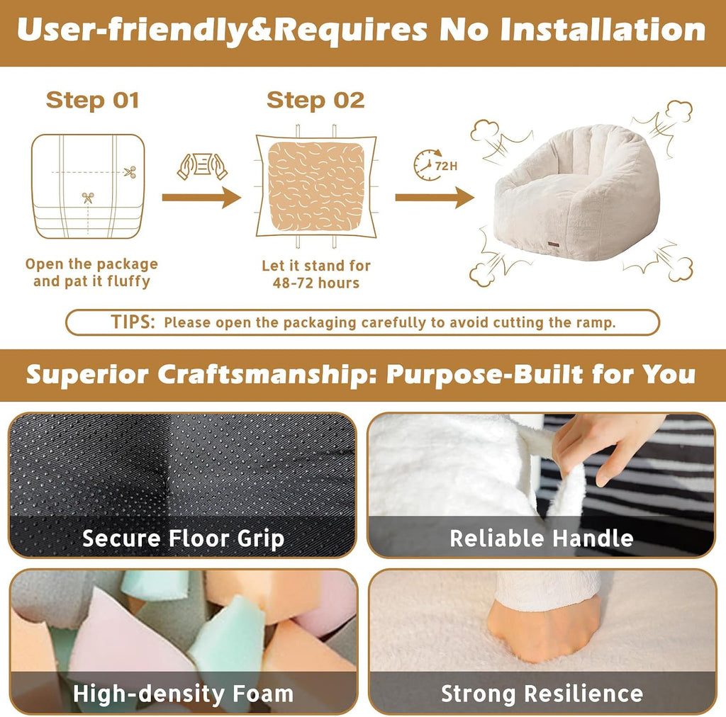 Giant Bean Bag Chair for Adults, Teens and Kids, Cozy Fluffy Corduroy Beanbag Chair with Filler, Large Floor Lounge Sofa for Living Room, Bedroom, Dorm, Gaming and Reading(L-Ivory) - Image 4