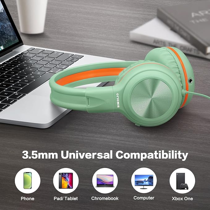 SIMOLIO Manyshare Series- Kids Wired Headphones with Microphone, Share Port & Volume Limit, Stereo Corded Headphone Girls, Boys, 3.5mm PC Headset Teens for Tablets Chromebook Laptop Travel (Green) - Image 6