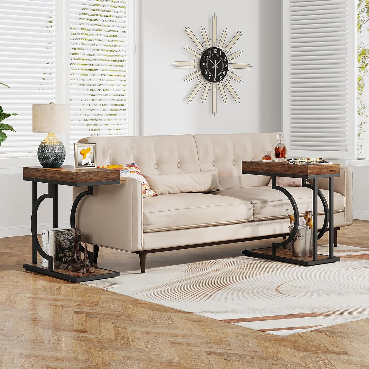Tribesigns Side Table Set of 2 Narrow Side Table Brown Black C Shaped End Table Modern Bedside Tables for Couch, Small Sofa Tables with Metal Frame for Living Room (2, Rustic Brown+Black) by Tribesigns