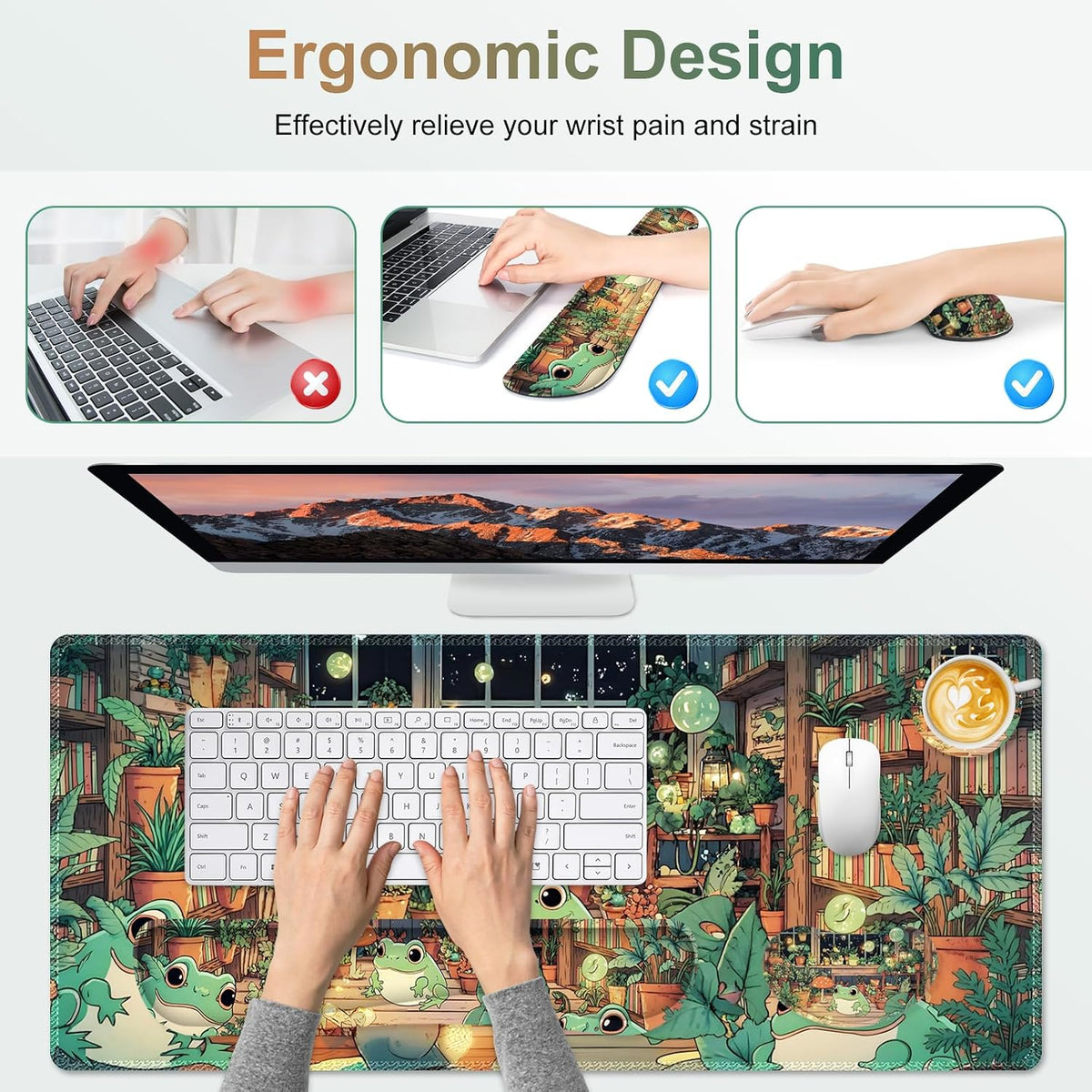 Large Gaming Mouse Pad Set, 4 in 1 Ergonomics Keyboard Desk Mat with Memory Foam Wrist Rest, Computer PC Extended Game Mousepad, Non-Slip Desk Matt Easy Typing Pain Relief I Frog & Mushroom - Image 4