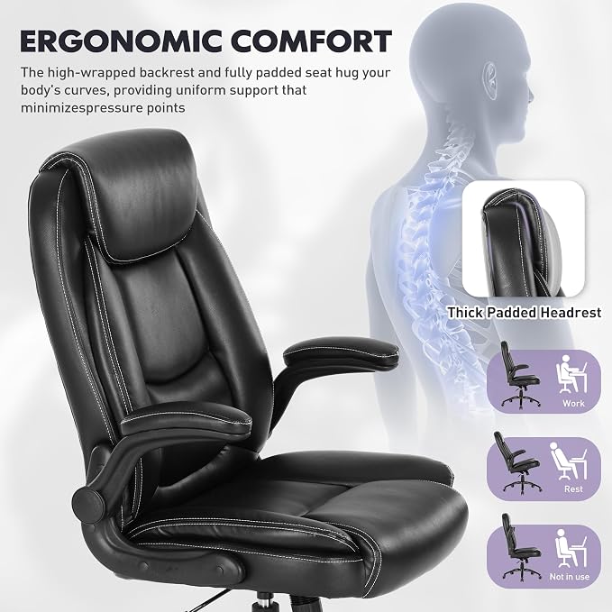 MALOL 300lbs Office Chair with Flip-Up Armrests & Reclining Backrest, Ergonomic PU Leather Executive Desk Chair-Adjustable Height & Tilt Tension, Black - Image 7