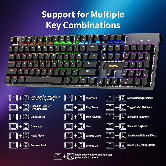 Newmen GM325Pro Mechanical Keyboard,Gaming Keyboard 104 Keys Red Switches | Rainbow LED Backlit,Metal Panel,ABS Black Keycaps,Wired Gaming Mechanical Keyboard for Windows ,Linear Red Switches,QWERTY - Image 7